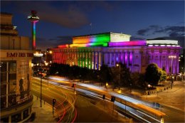 St Georges Hall in rainbow colours