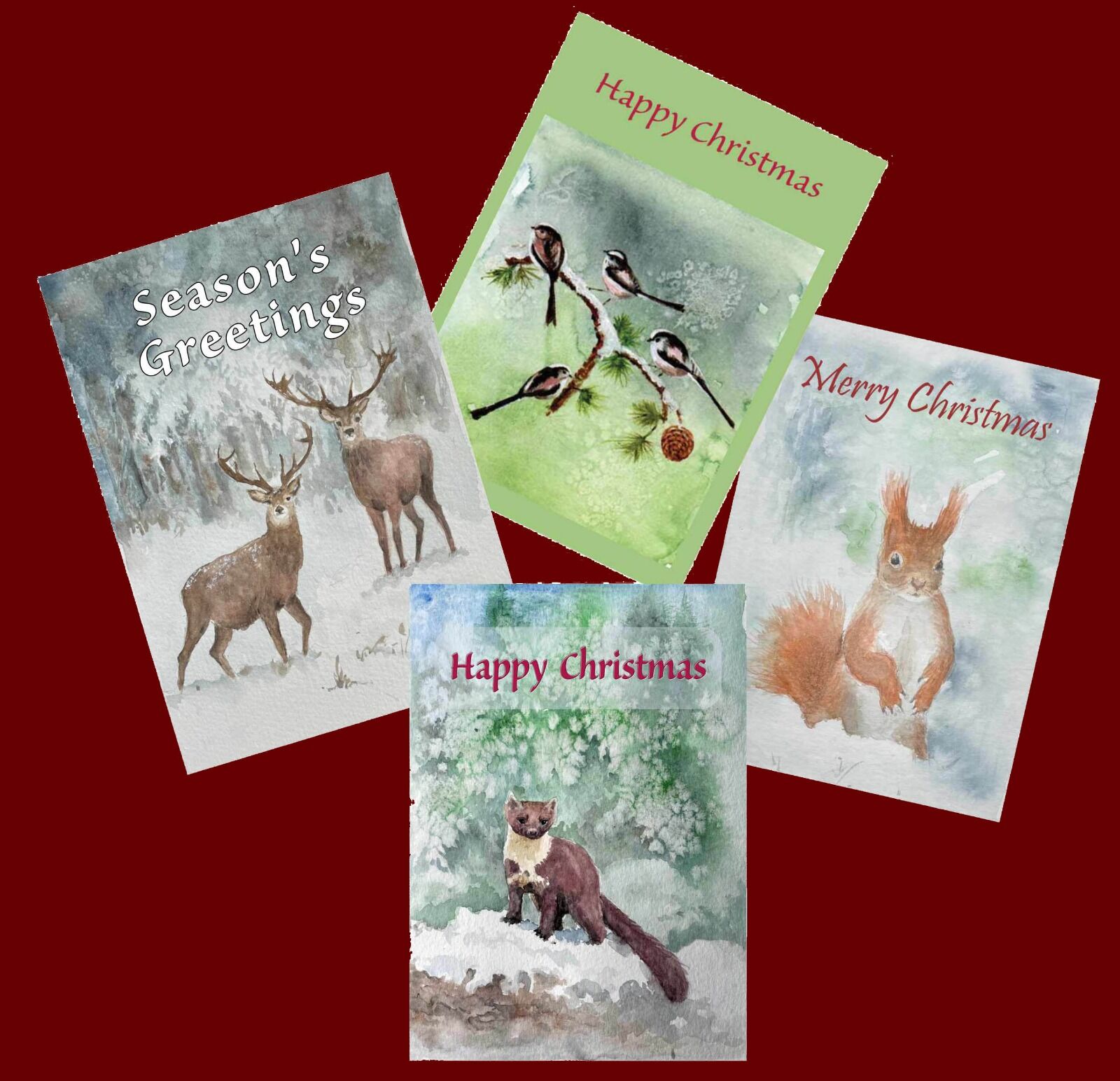 Christmas cards designed from watercolour paintings - blank inside - envelopes included. set of any 4 for £8 incl. p&p ( UK only)