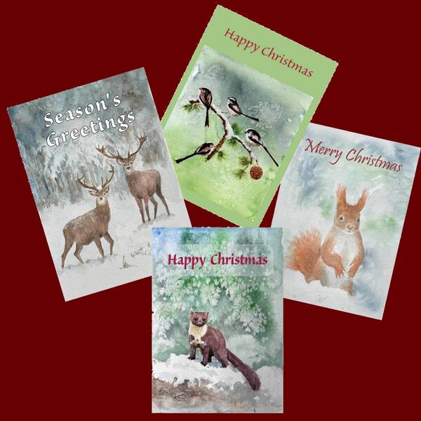 Christmas cards designed from watercolour paintings - blank inside - envelopes included. set of any 4 for £8 incl. p&p ( UK only)