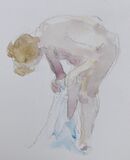 'Drying her legs with the blue towel'