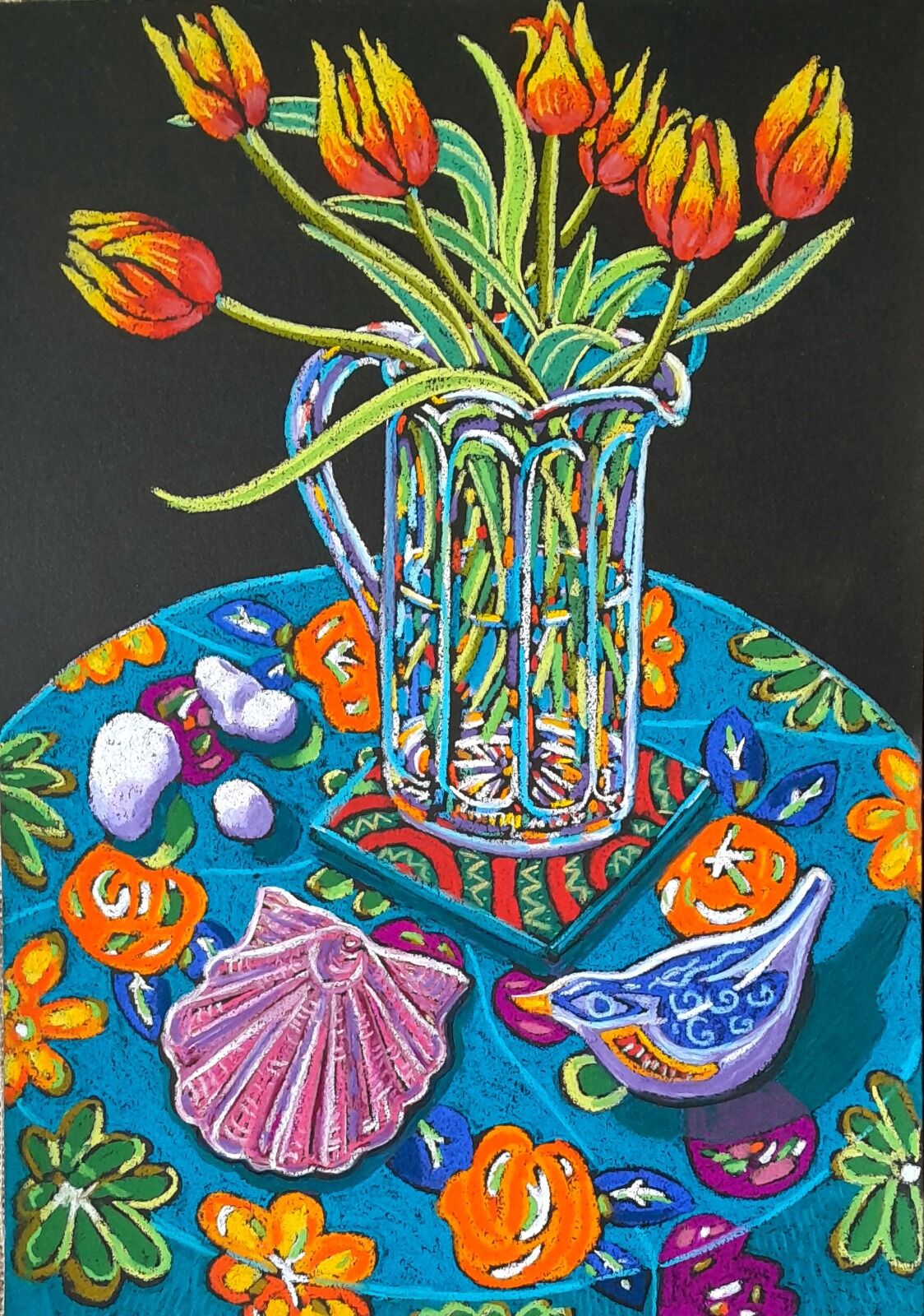 tulips in a glass jug