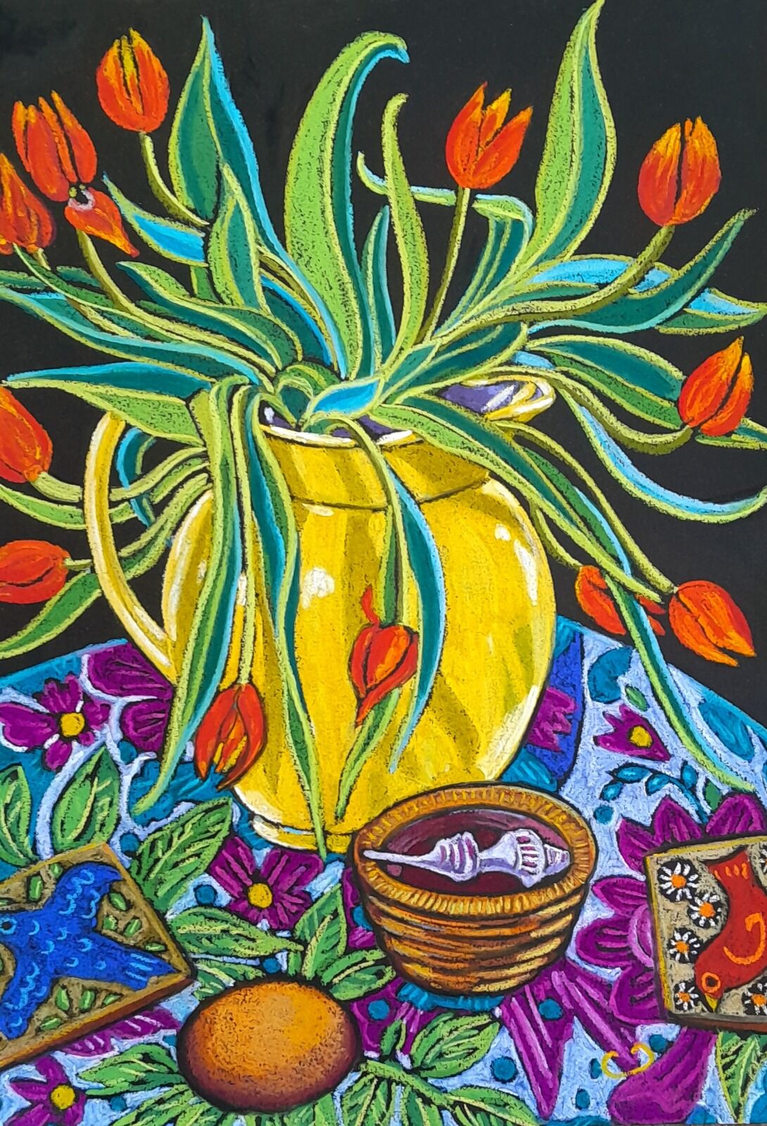 tulips in a yellow jug