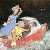 'DARTING TO THE SHOPS1' two women in a boat on the river Dart going shopping...