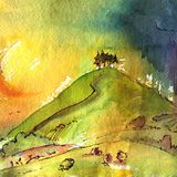 Colmers Hill in the afternoon sun. watercolour and ink