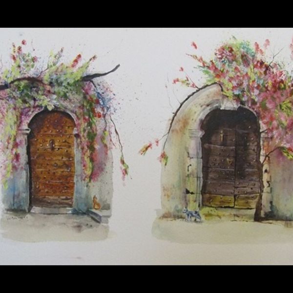 2 OLD FRENCH DOORS WATERCOLOUR (52X35CMS, unframed & unmounted)