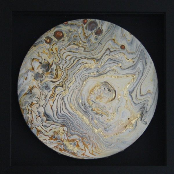 CIRCLE OF GOLD 1 (FRAMED) ACRYLIC POURING ON AN 8 INCH ROUND CANVAS