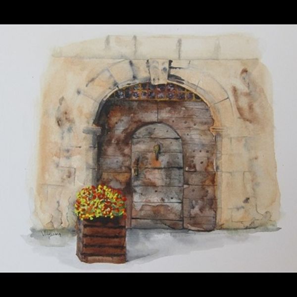 OLD DOOR AND FLOWER BOX WATERCOLOUR (40x30cms) unframed & unmounted