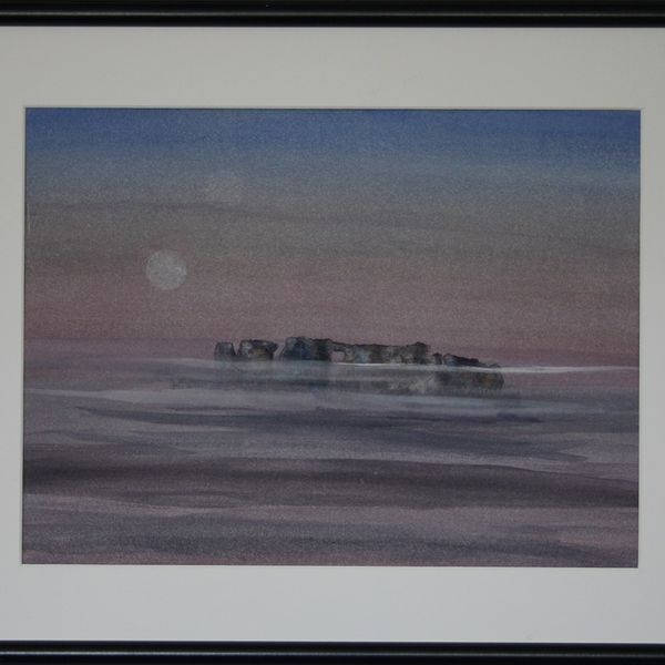 DOUBLE MOON OVER STONEHENGE WATERCOLOUR (black frame, perspex 53x42.5cms)