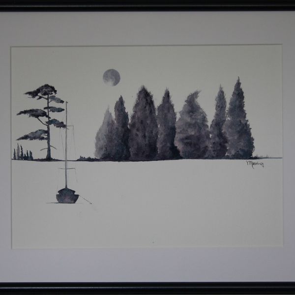 MOONLIGHT, BRITISH COLUMBIA WATERCOLOUR (black frame, perspex 53x42.5cms)