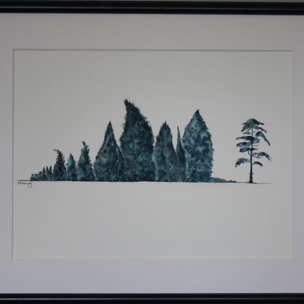 LONE TREE, BRITISH COLUMBIA WATERCOLOUR (black frame, perspex 53x42.5cms)