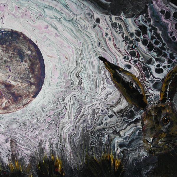 WATCHING HARE ACRYLIC POUR ON A 12X10 INCH BOX CANVAS, READY TO HANG. PAINTING OF A HARE.