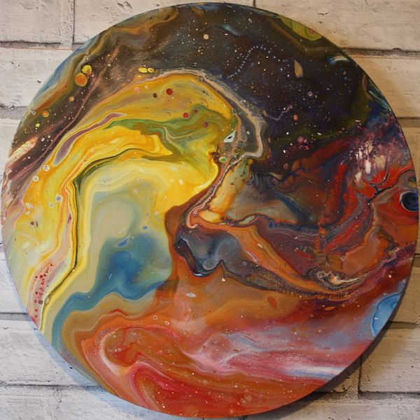 DISTANT PLANETS ACRYLIC POURING ON AN 8 INCH ROUND CANVAS