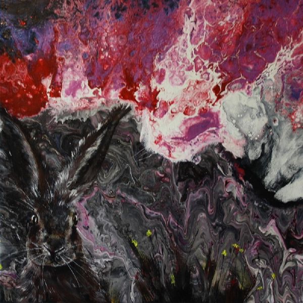 RED SKY AT NIGHT HARE ACRYLIC POURING ON A 12 INCH SQUARE CANVAS