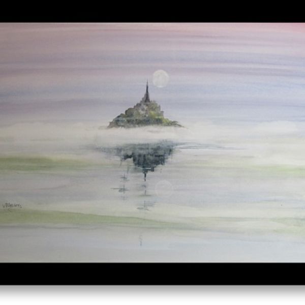 MONT St MICHEL SUNRISE WATERCOLOUR (52X35CMS, unframed & unmounted)