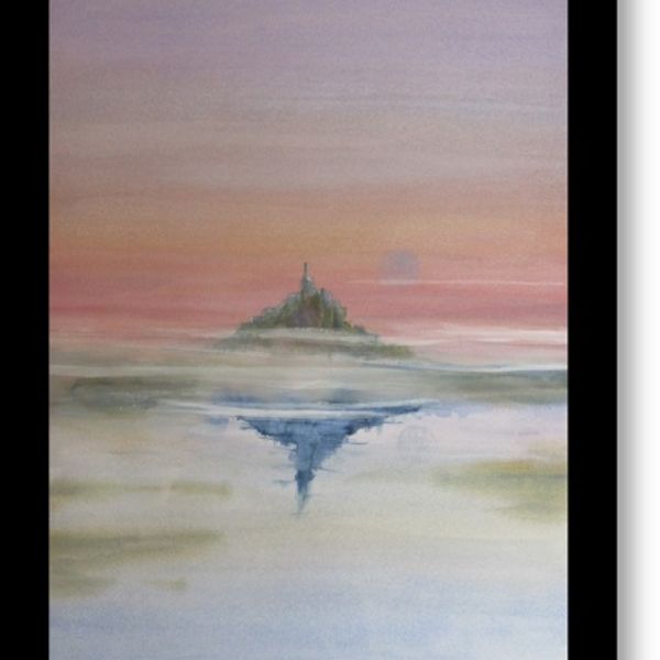 MONT St MICHEL SUNSET WATERCOLOUR (52X35CMS unframed & unmounted)