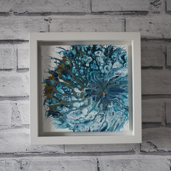 BLUE FLOWER ACRYLIC POURING ON AN 8 INCH SQUARE CANVAS