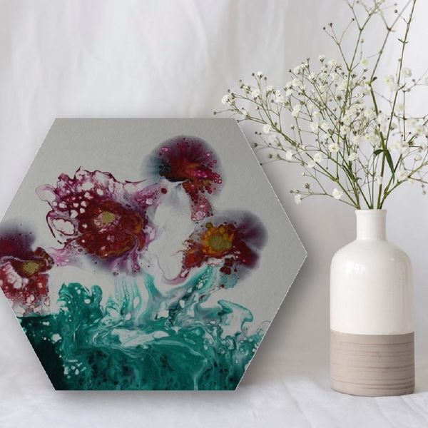 FLOWER BOX ACRYLIC POURING ON 12 INCH HEXAGONAL CANVAS