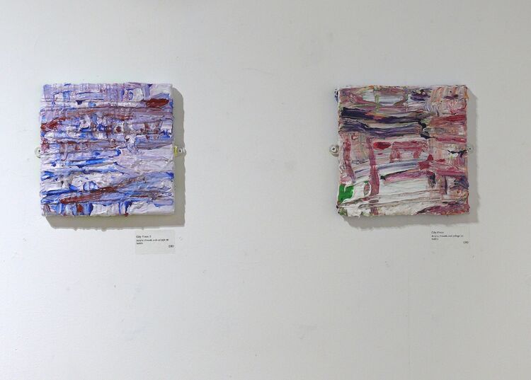 2 pieces in Barton upon Humber, exhibition, 2026, acrylic on collage and thread, 20x20cm each