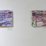 2 pieces in Barton upon Humber, exhibition, 2026, acrylic on collage and thread, 20x20cm each