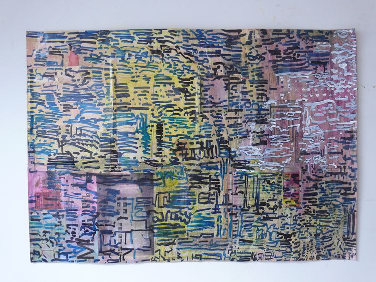 Blue and yellow City ink on packaging paper 99x75cm