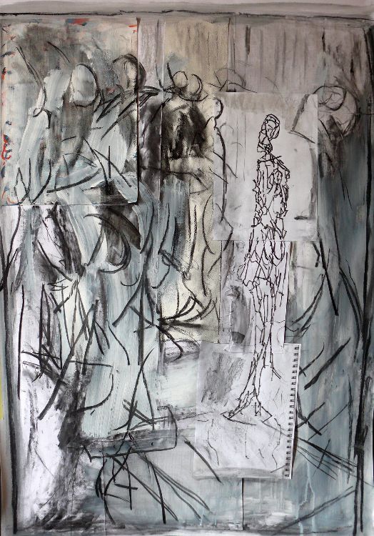 Jane Walker A Giacometti sculpture in a fashion show charcoal collage and paint on paper
