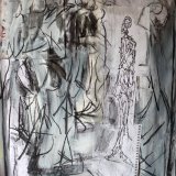 Jane Walker A Giacometti sculpture in a fashion show charcoal collage and paint on paper