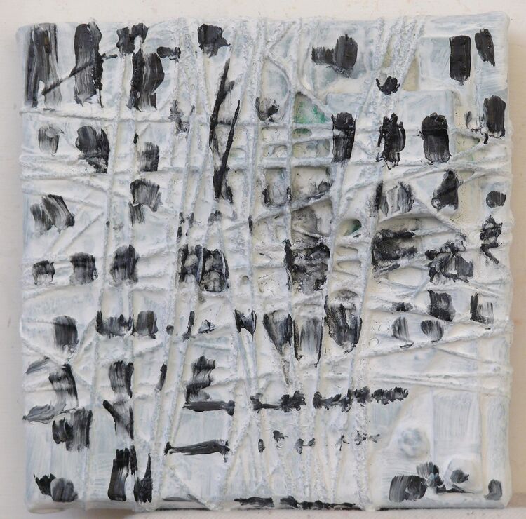 Jane Walker Windows 2026 acrylic on threads with beads and packaging on canvas 20x20cm £170