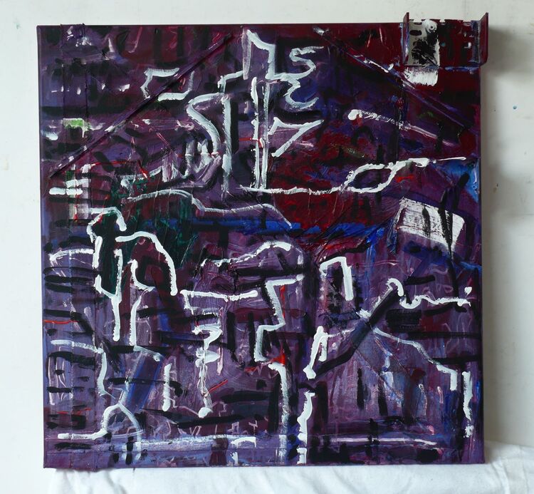 Platform 2021 60x60cm acrylic assemblage on canvas