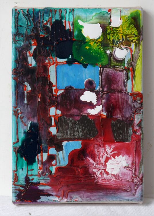 Chemical Works, acrylic on collage on canvas 20x30cm 2021