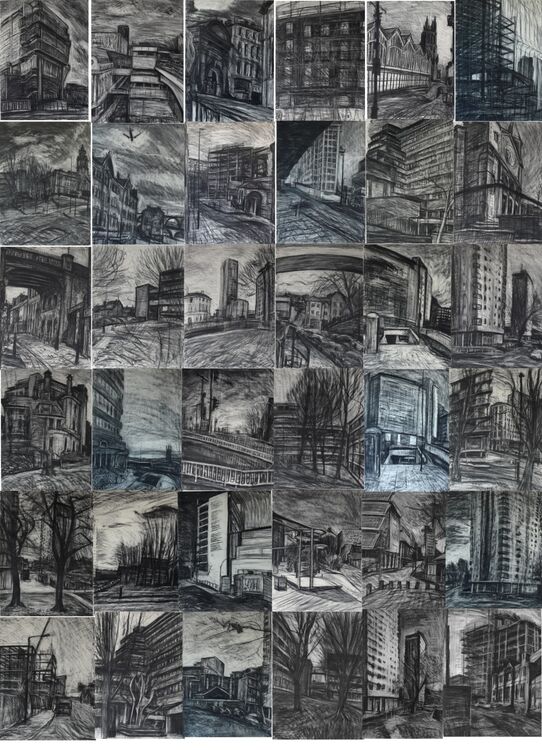 36 street drawings each 76x56cm charcoal and graphite 2022