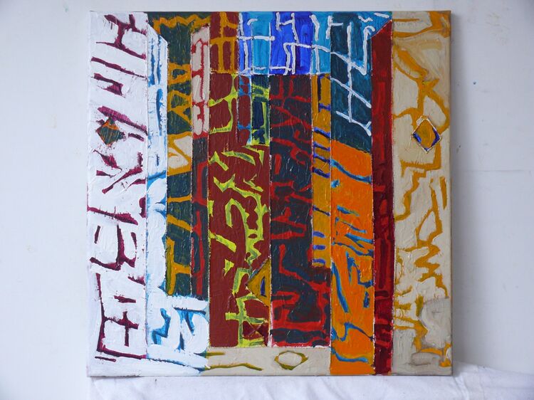 City space, acrylic on sand with stitching 60x60cm 2022