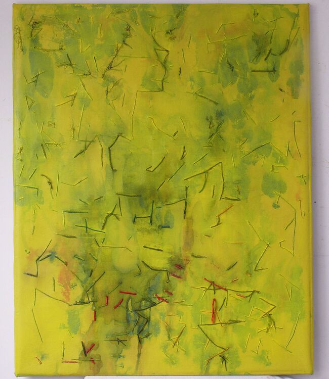 oil on both sides of the canvas with stitching