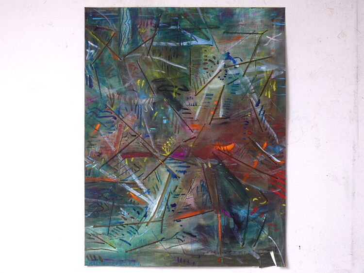 Composition, watercolour and threads, 65x50cm, 2025