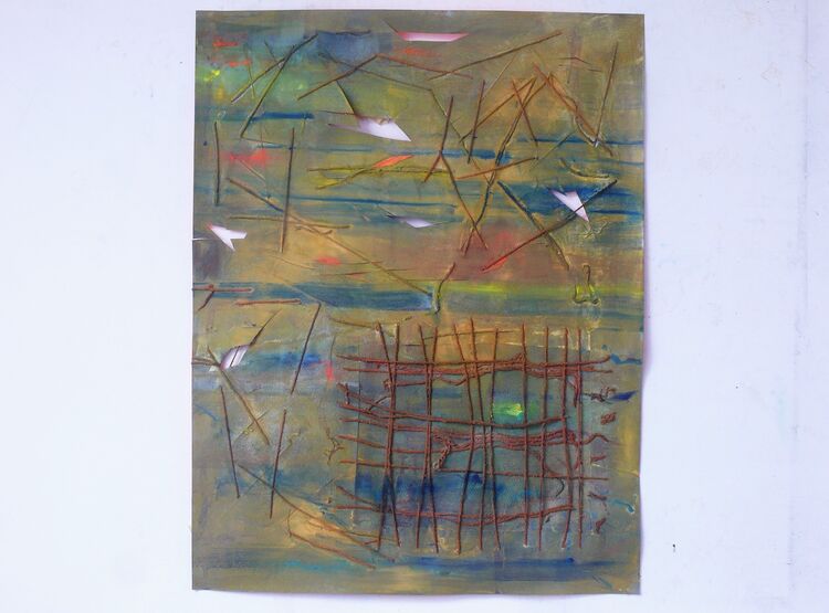 watercolour with threads and collage, 65x50cm 2026