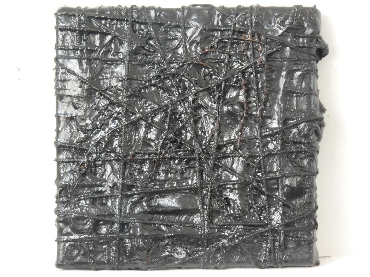 Coal, fern, threads and acrylic on canvas, 20x20cm 2026