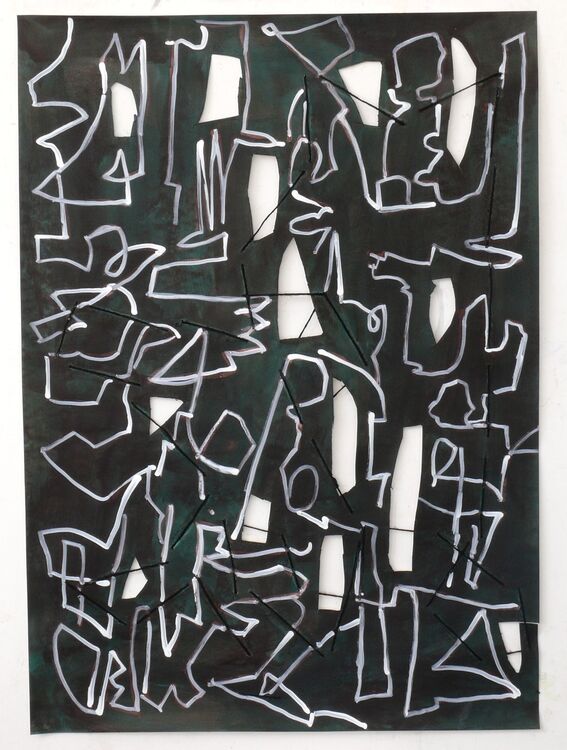 Steelworks, acrylic and thread on paper, 65x50cm