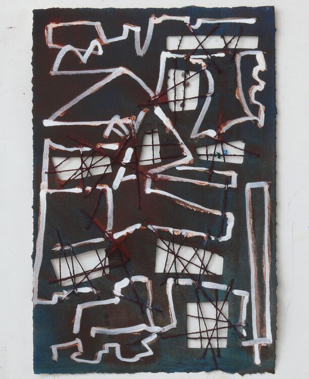Steelworks, acrylic and sewing on paper, 38x29cm