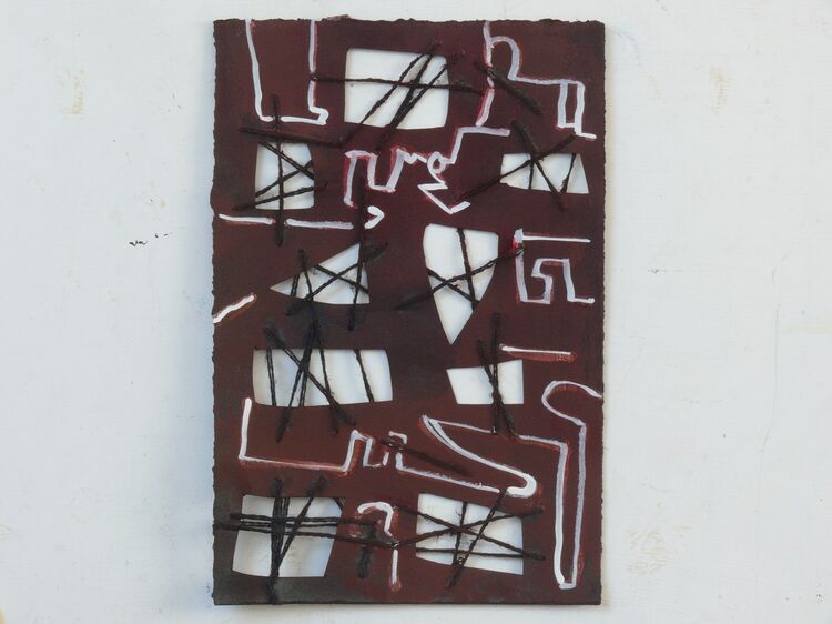 Steelworks, acrylic and sewing on paper, 29x19cm