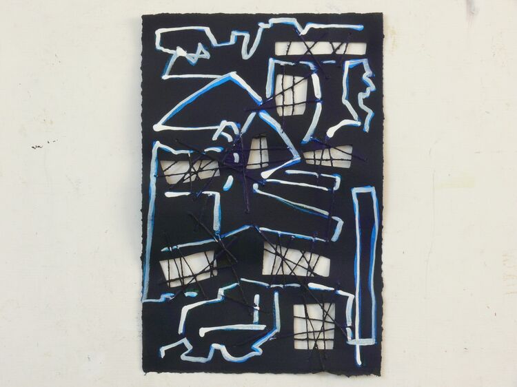 Steelworks, acrylic and sewing on paper, 28x19cm