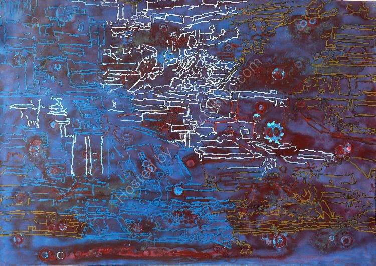 View of the Hudson River from the Empire State Building, acrylic, tea graphite powder on paper