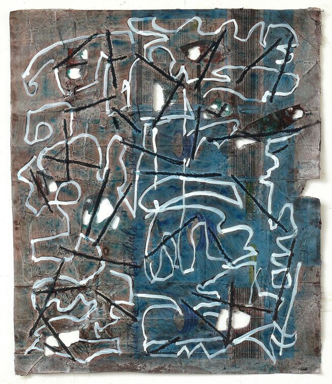 industrial structure on packaging with acrylic and threads, 40x34cm 2026
