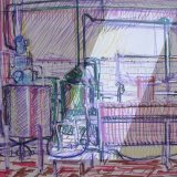 The Filter room 30x40cm pen stitching and paint on card