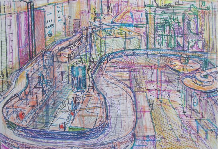 Bottling Room, Lom pen on card 30x40cm