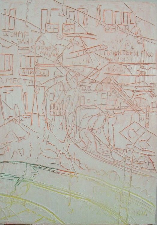 tramlines repair, oil on canvas 70x50cm