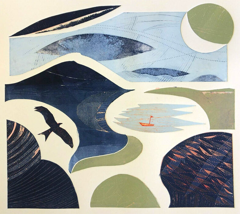 A colour view of a coast with a red kite