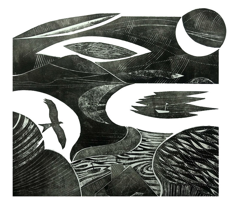 A monochrome view of a coast with a red kite
