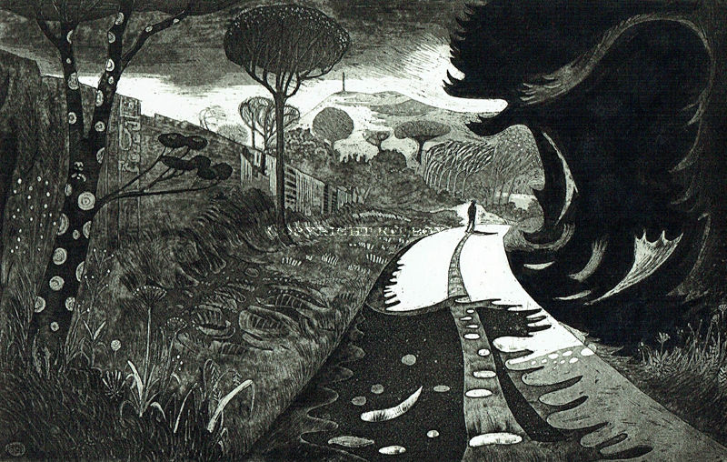 A man walks down a county lane surrounded by hedges and trees with a landscape in the distance