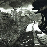 The Wanderer (black) A man walks down a county lane surrounded by hedges and trees with a landscape in the distance