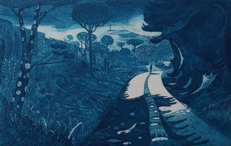 A man walks down a county lane surrounded by hedges and trees with a landscape in the distance