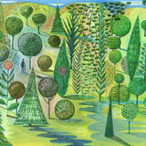 Regeneration A green spring-like landscape of hills and trees, some neatly trimmed into topiary balls. A figure stands amid the trees in silhouette.